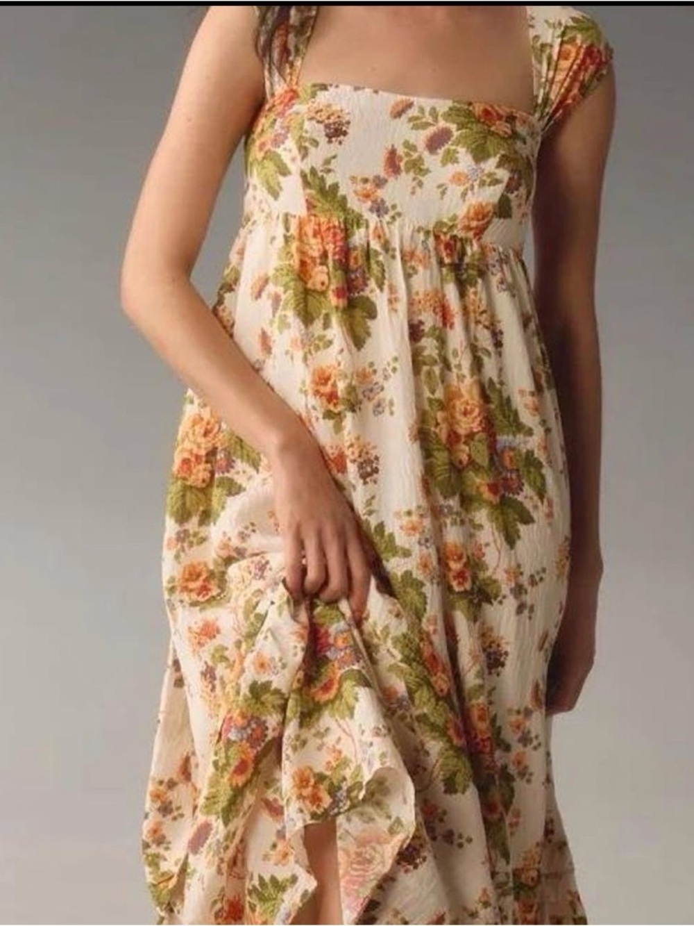 Anthropologie Cream Floral Maxi Dress with Green and Orange Bouquet Print
